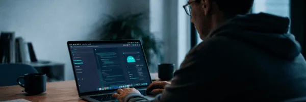 Programmierer arbeitet konzentriert an einem Laptop mit einem KI-Assistenten in moderner, ruhiger Arbeitsumgebung; warme Lichtstimmung, unscharfer Hintergrund mit Pflanze und Tasse auf dem Tisch